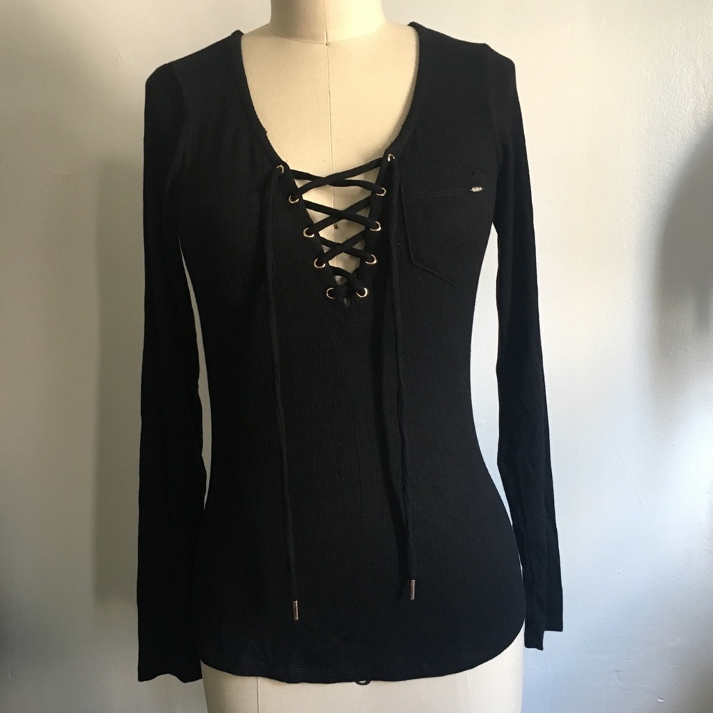 NWT Bebe Black Sexy Lace Front Ribbed LS Top